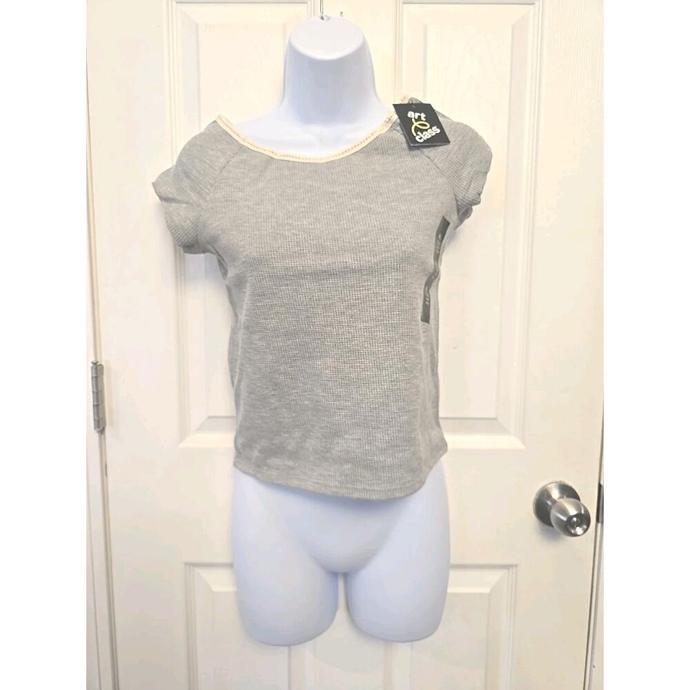 13093 Adorable Waffle Knit Top Girls Xl 14 Gray Lace Trim Short Sleeve summer